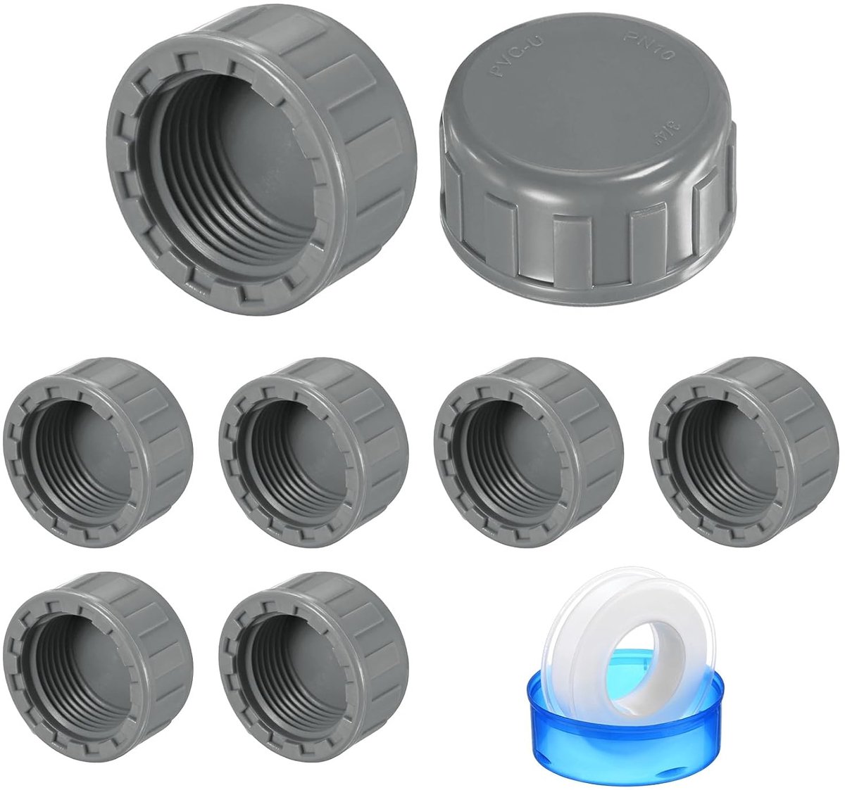 8-pack 3/4 inch PVC buis eindkap plug adapter, binnendraad water eindkap connector met afdichtingstape voor tuin/bewatering irrigatiesystemen, binnentanden eindpijppluggen [grijs]