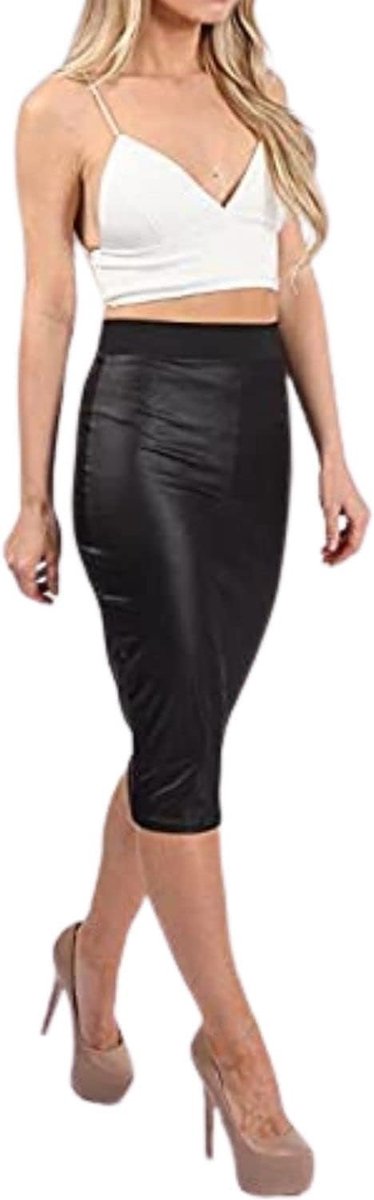 Formele Natte Look PVC Dames Kantoor Bodycon Midi Kokerrok Hoge Taille