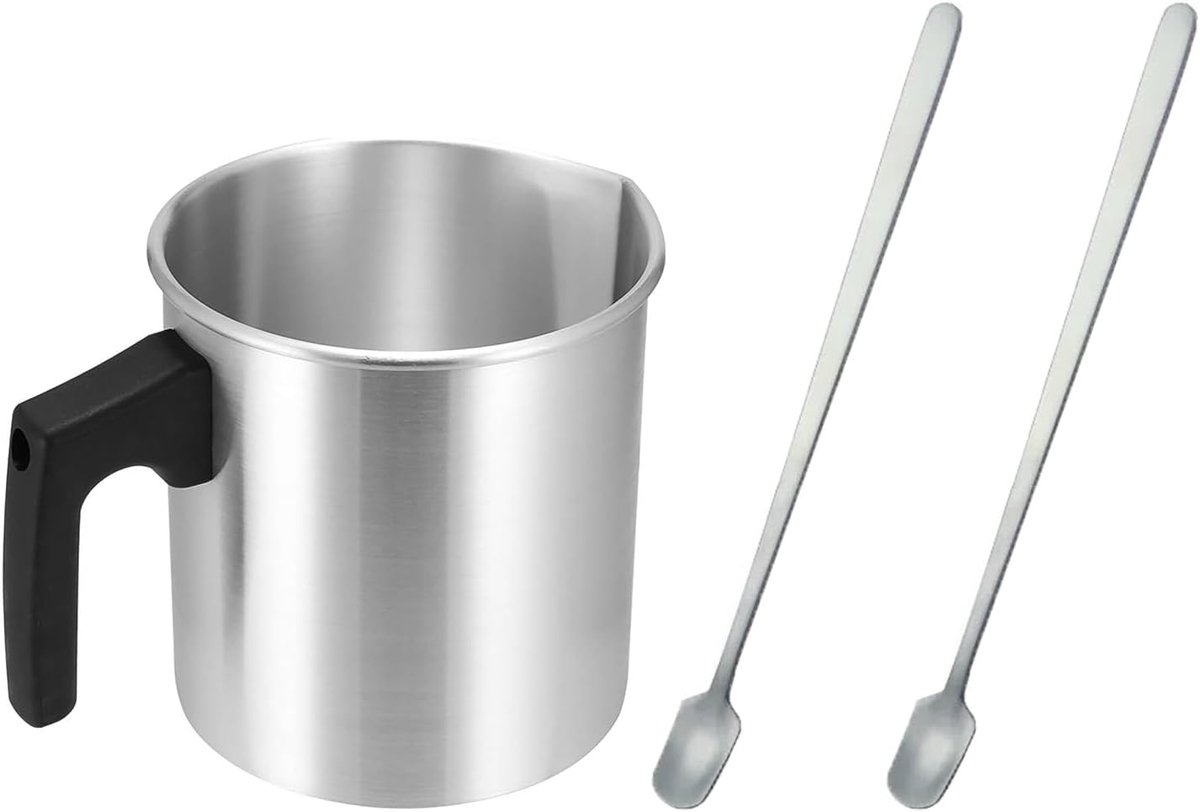 1 potkaars, 2 lepels, smeltpot, kaarswaskop, 1,2 l geurkaars om zelf te maken, was voor kaarsen, voor het smelten van kaarsen, chocolade