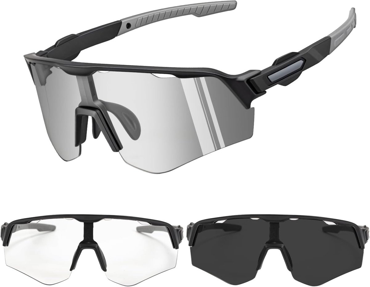 1 stuks grote fietsbril, zelfkleurend, zwart, UV400 sportbril met TAC-glazen en EVA-tas, zonnebril fiets heren dames voor fietsen, MTB, vissen, wandelen, hardlopen en outdoorsport