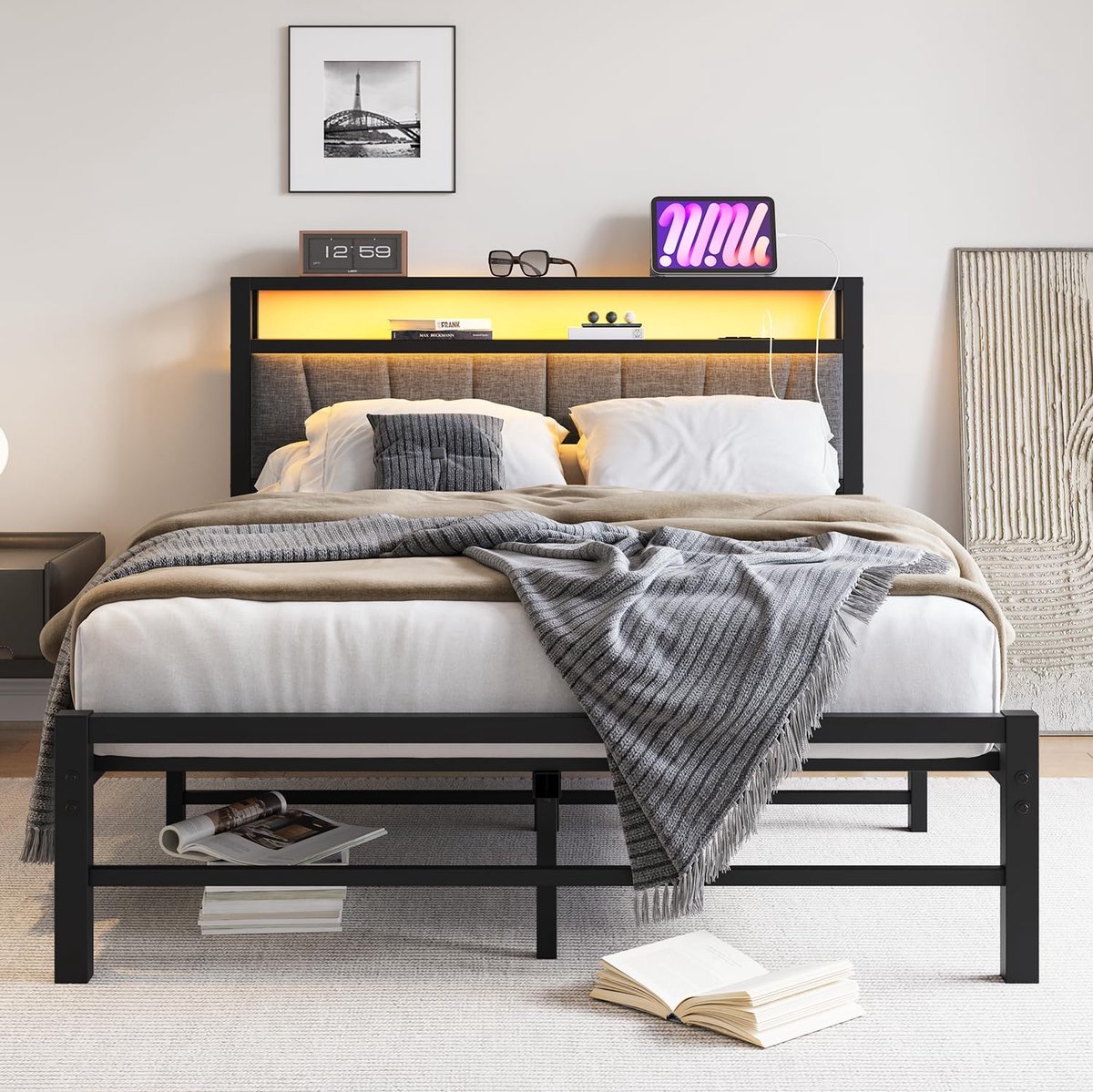 120x200 met Laadstation en LED-Verlichting – Metalen Tweepersoonsbed/Eenpersoonsbed met Lattenbodem, Hoofdeinde in Grijs, Ideaal als Logeerbed of Jeugdbed voor de Slaapkamer