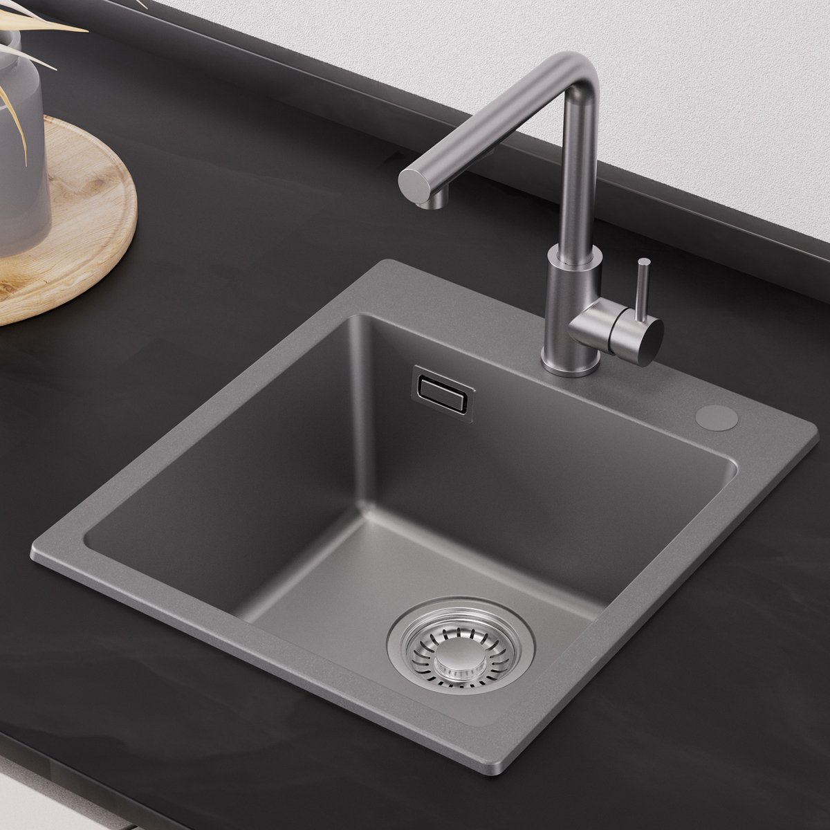 CECIPA Max Spoelbak Keuken 40x45 cm - Granieten Gootsteen Grijs - Composiet Spoelbak - Enkele Wasbak Met Kraangat - Inclusief Sifon