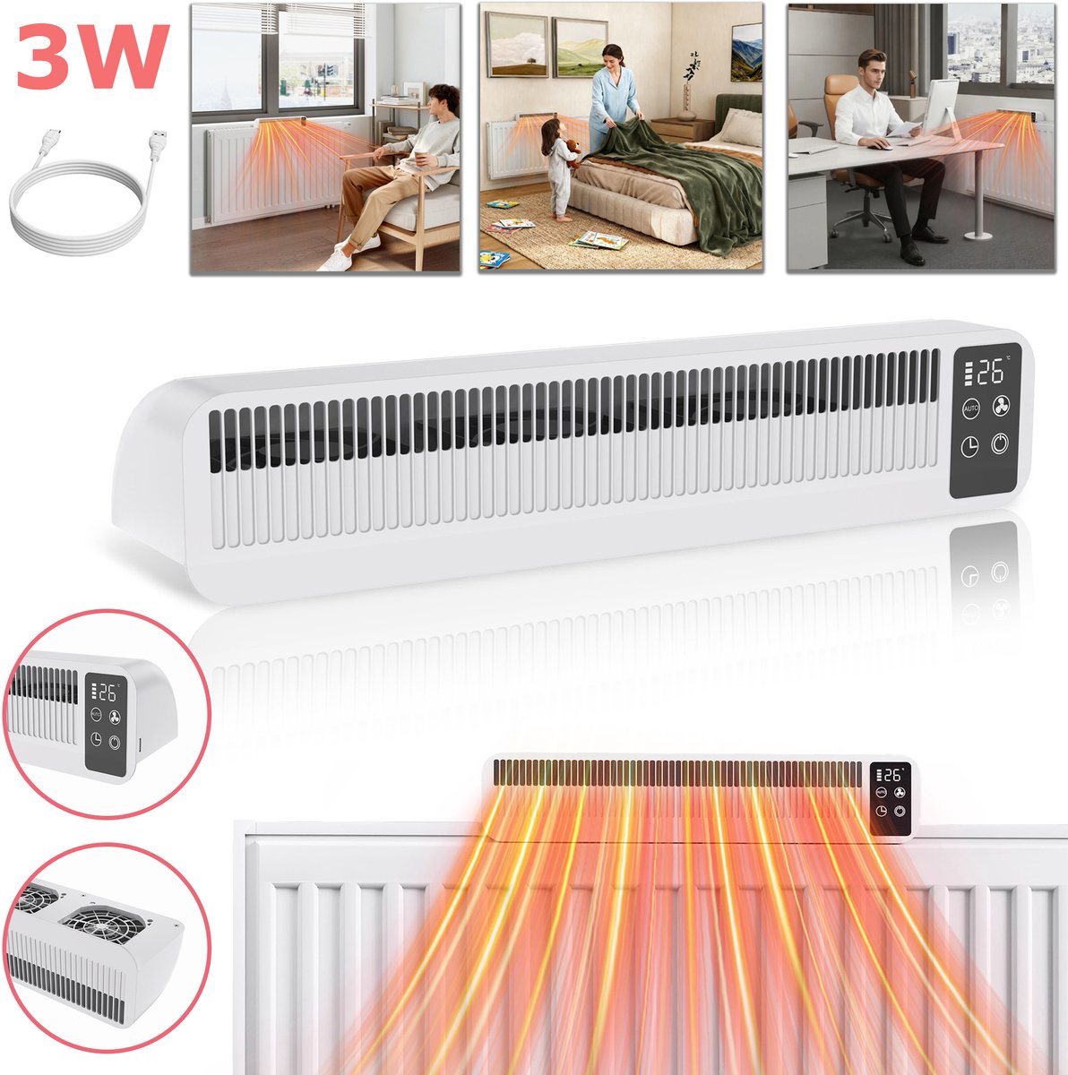 Froadp 2stuks Radiatorventilator Radiatorventilator, 5200 mAh oplaadbare verwarmingsventilator met 3 snelheidsstanden Verwarmingsventilator LCD-display voor batterijniveau en temperatuur, 2-12 uur timer, stil