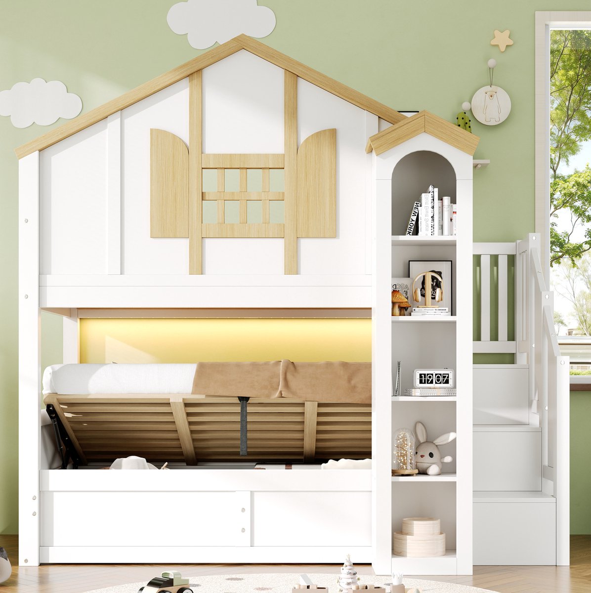 DESMIU Stapelbed 90x200cm – Hydraulisch Onderbed Met Opbergruimte – Opbergtrap En Ledverlichting – Kinderkamer – Hout En MDF – Wit – Zonder Matras