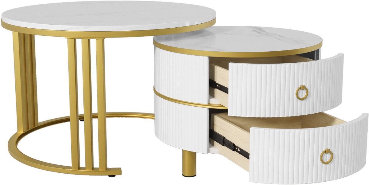 Ropilly 2-in-1 ronde salontafel - Met 2 lades en marmerlook - MDF en metaal - Woonkamer - Wit en goud