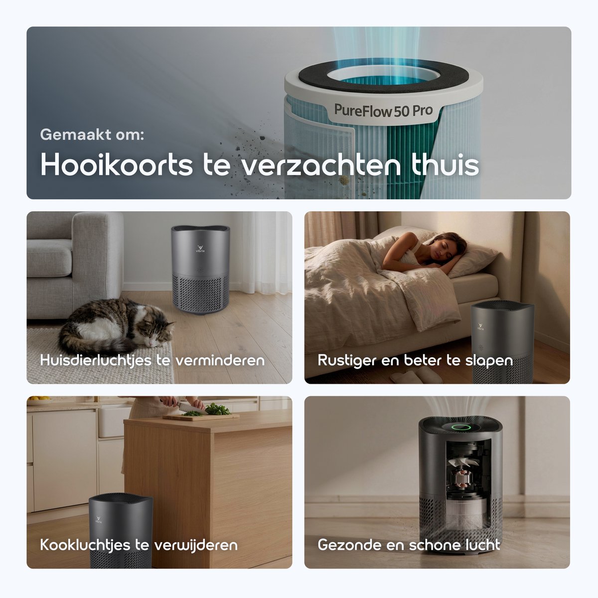 Vibrix PureFlow50 Pro Luchtreiniger / Air Purifier – HEPA + koolstoffilter – 350 m³/u – Voor kamers tot ca. 50 m² – Ionisator – App-bediening – Zeer stil met slaapstand – Luchtkwaliteitindicator thumbnail 5