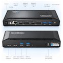 Zwarte M-Teck docking station met labels voor aansluitingen zoals Voeding, Ethernet, HDMI, DisplayPort en USB 3.0.