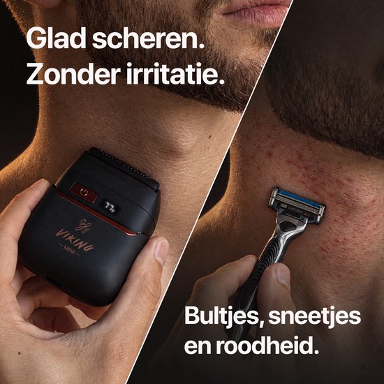 Close-up van een man die zijn nek scheert met een zwarte Viking Mini scheerapparaat. Rechts de huid met roodheid en bultjes na scheren met een mesje.