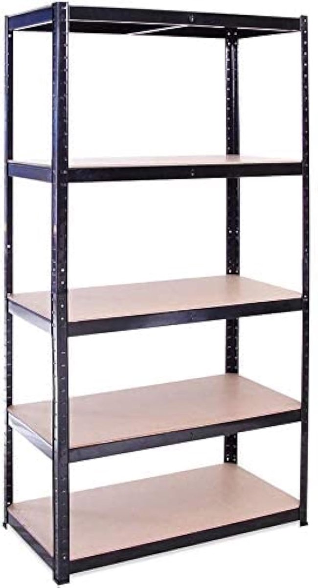 SnelShoppen - Plank Opbergrek Metaal Gelakt Staal 90 x 40 x 180 cm, 5 Planken Hout, Max. 875 kg, Zwart - Ideaal voor Keuken, Garage, Woonkamer en Kant