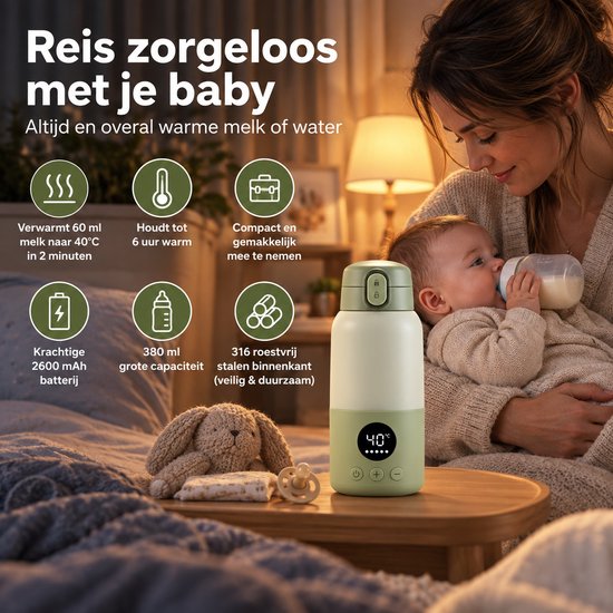 Nexeli NX-MW-02 Draagbare Flessenwarmer – 380 ml – 100W – 10.400 mAh – 45W Snelladen – Melkverwarmer voor Baby – Voor Thuis & Onderweg – Lichtgroen — afbeelding 4