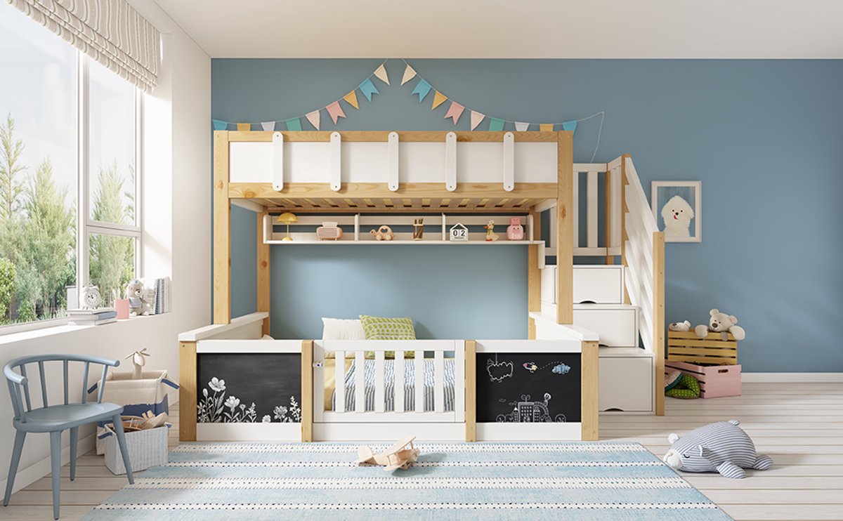 MODENUIT Kinderstapelbed – 90 en 140 x 200 cm – Hout – Wit en Houtkleur – Opbergtrap, Krijtbord en Veiligheidsdeur