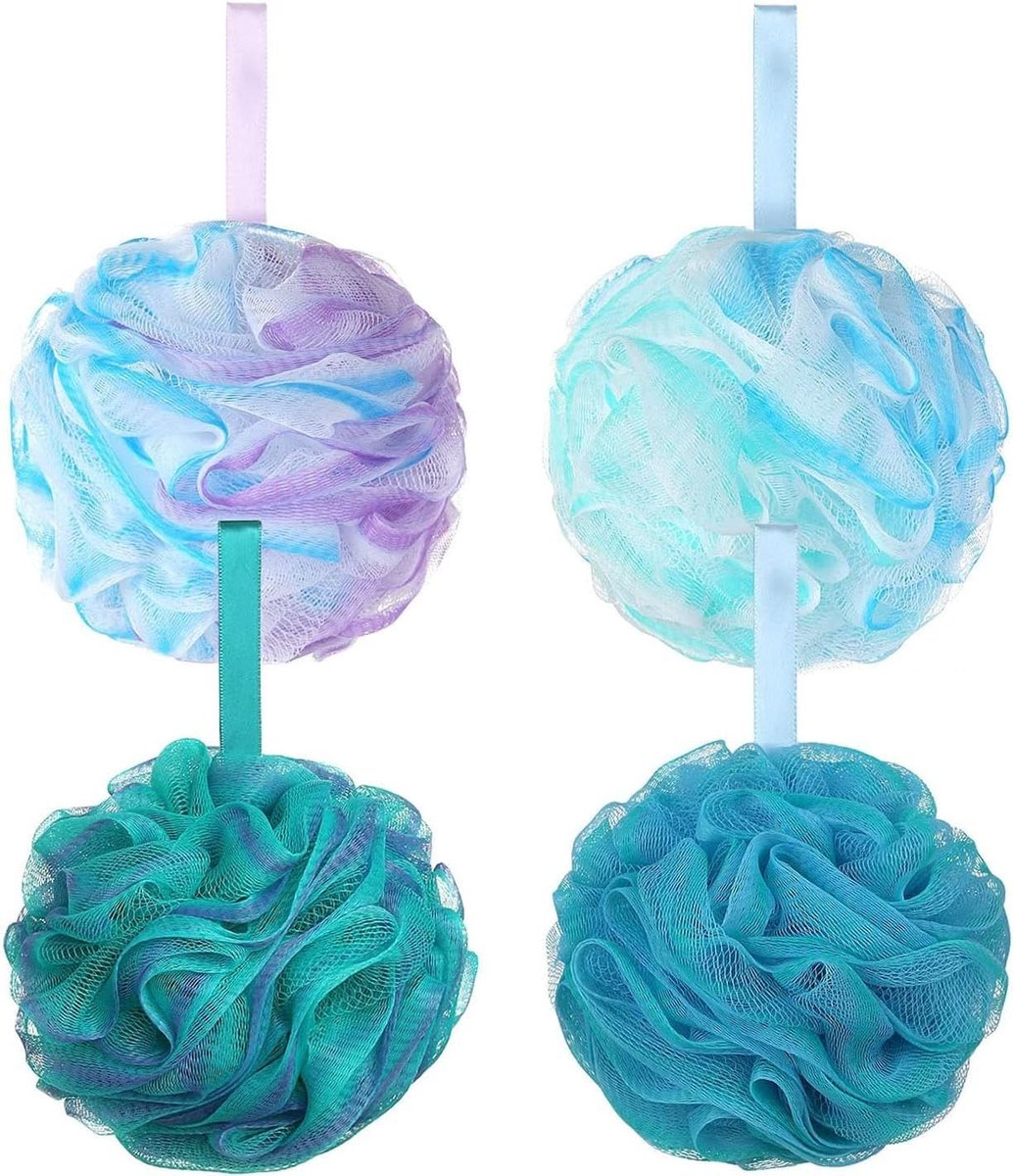 Extra Grote Mesh Douche Puff en Bad Spons - Gemakkelijk Schuimende Body Scrubber en Exfoliator in Groen en Blauw (4 stuks, 70g per stuk)