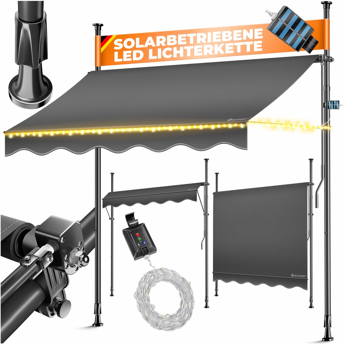 KESSER® Klemluifel met LED-lichtsnoer - Balkonluifel zonder boren met handslinger - 150 x 180 cm - Antraciet