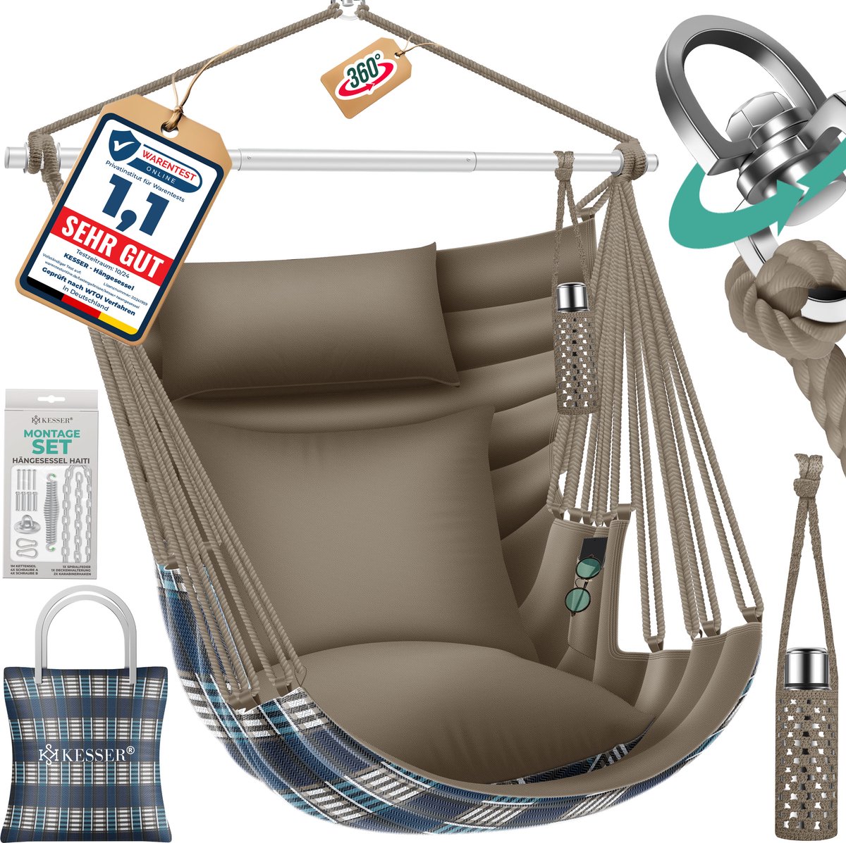 KESSER® Hangstoel Haiti - 360° draaibaar - 150 kg draagvermogen - Incl. 2 kussens - Mocca London