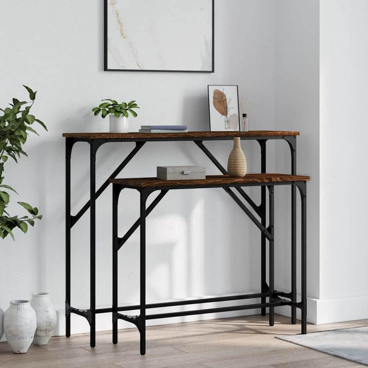 Consoletafels 2 stuks. Bruin eiken-look houtmateriaal salontafel met metalen frame en verstelbare poten voor woonkamer hal entree