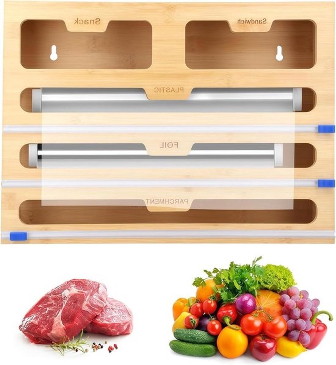 Foliedispenser en snijder, bamboefolie-organizer voor keukenlade, folie-opslag en snijder, 40 cm