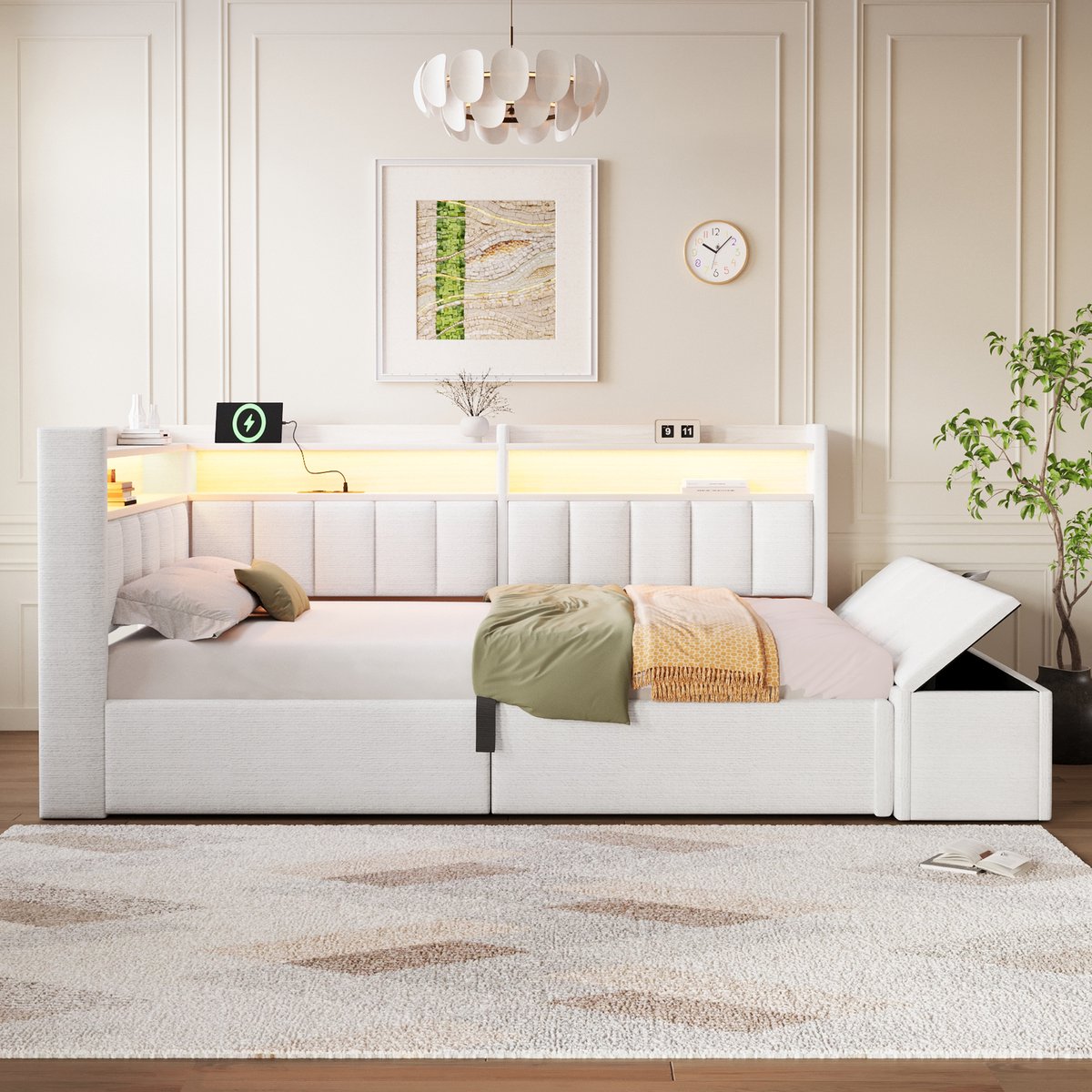 Merax Slaapbank 90 x 200 cm, met opbergruimte, bedbank, stopcontact, met USB-aansluiting, met LED-verlichting, zonder matras, crème wit