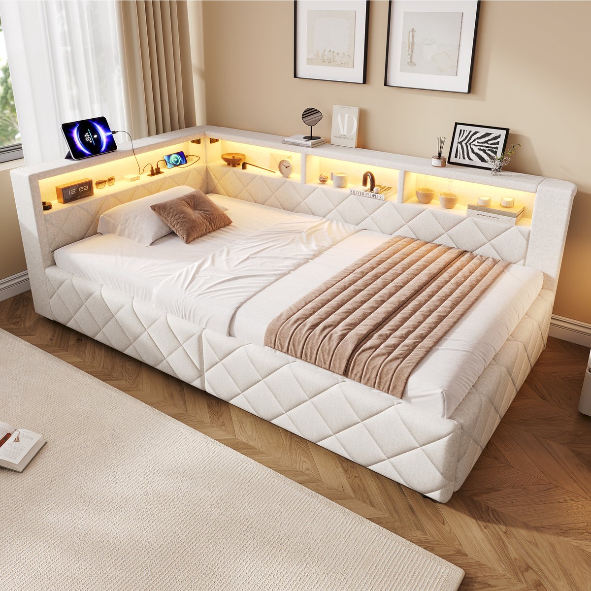 Merax Slaapbank 90 x 200 cm, met opbergruimte, LED-verlichting, USB-poort, zonder matras, linnen, beige