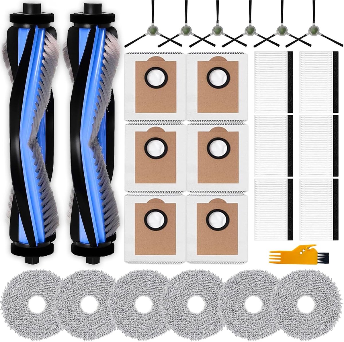 SnelShoppen - 27 Stukken Accessoires voor Robotstofzuiger, 2 Hoofdborstels, 6 Filters, 6 Stofzakken, 6 Schoonmaakdoeken, 6 Zijborstels voor Optimale P