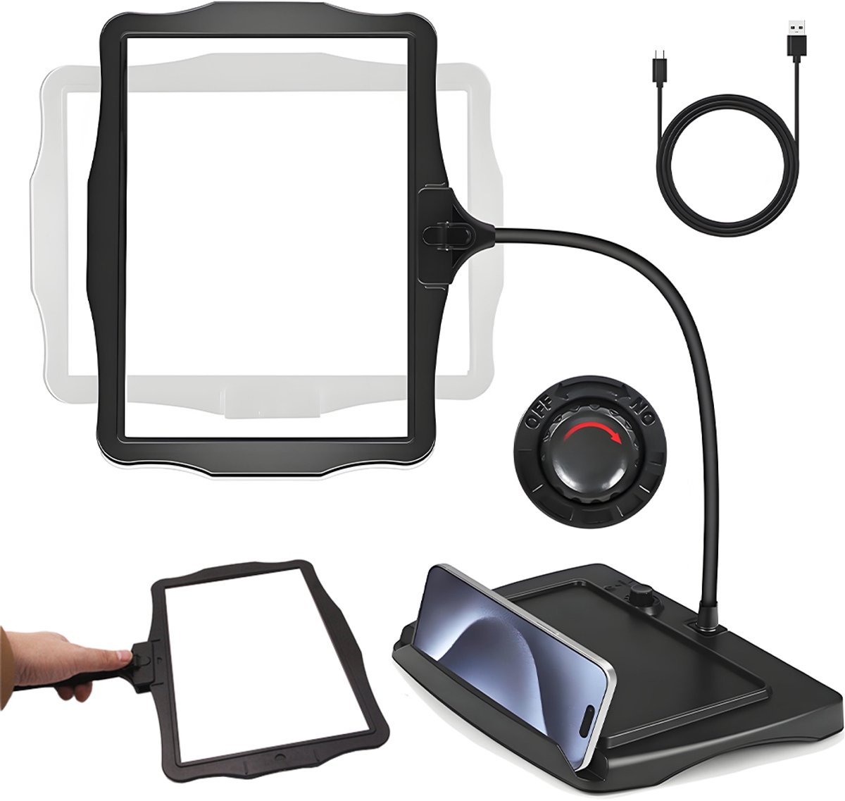 Bureauloep - LED-loep - 3x vergroting - 48 LED's - USB-opladen – Geschikt voor lezen, reparaties en precisiewerk – te gebruiken in zowel portret- als landschapsmodus - 1200 mAh - 27*20*23,2 cm - Zwart