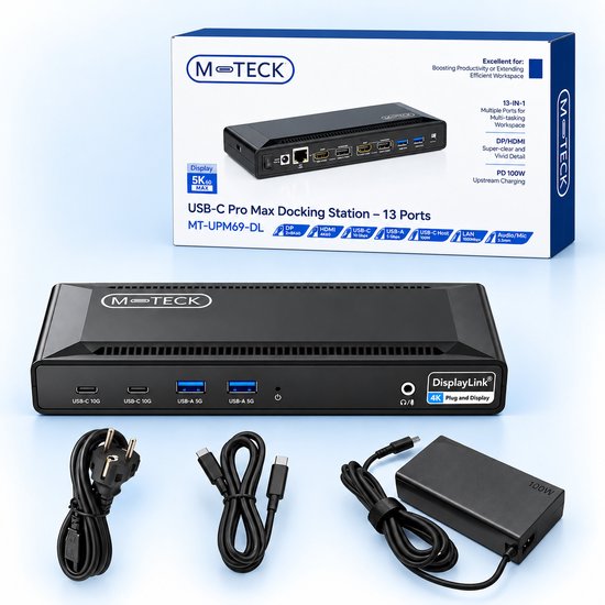 M-Teck Pro Max USB-C Docking Station in verpakking, met docking station, stroomkabel, USB-C kabel en 100W adapter.