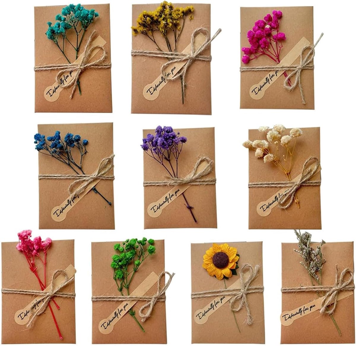 Wenskaarten met gedroogde bloemen - Vintage kraftpapier - 10 stuks - Bedankkaart voor leraren - ShopVlot