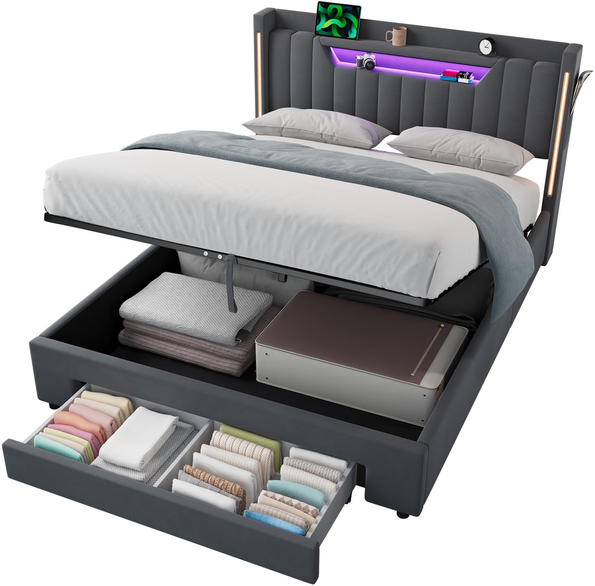 Wishdor Gestoffeerd Tweepersoonsbed 140x200cm met Opbergruimte - Grijs - 2-in-1 Gasveer & Lade - Luxe Fluwelen Bed met LED, USB, Kast & Lattenbodem