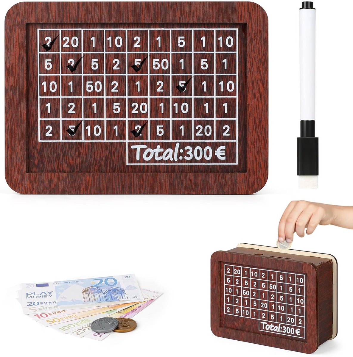 Money Box with Wood Counter - Number ticks with 300 Euro Savings Target - Reusable Money Saving Storage Box - ShopVlot