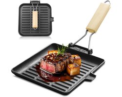SnelShoppen - Gietijzeren Steakpan 24 x 24 cm - Zwart Anti-aanbak Grillpan met Inklapbaar Houten Handvat - Ideaal voor BBQ, Keuken en Camping - Vierka