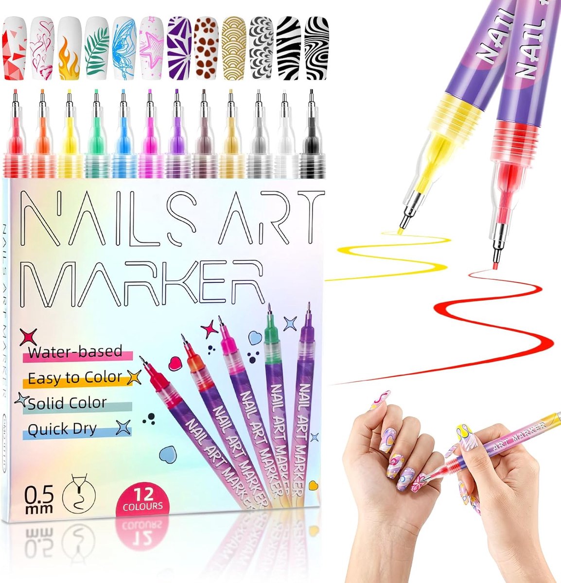 SnelShoppen - 12 Kleuren Nail Art Pennen Set - 0.5mm Fijne Punt Acryl Nagelmarkers voor Natuurlijke Nagels, DIY Sneldrogende Nagellak Pens voor Liner,