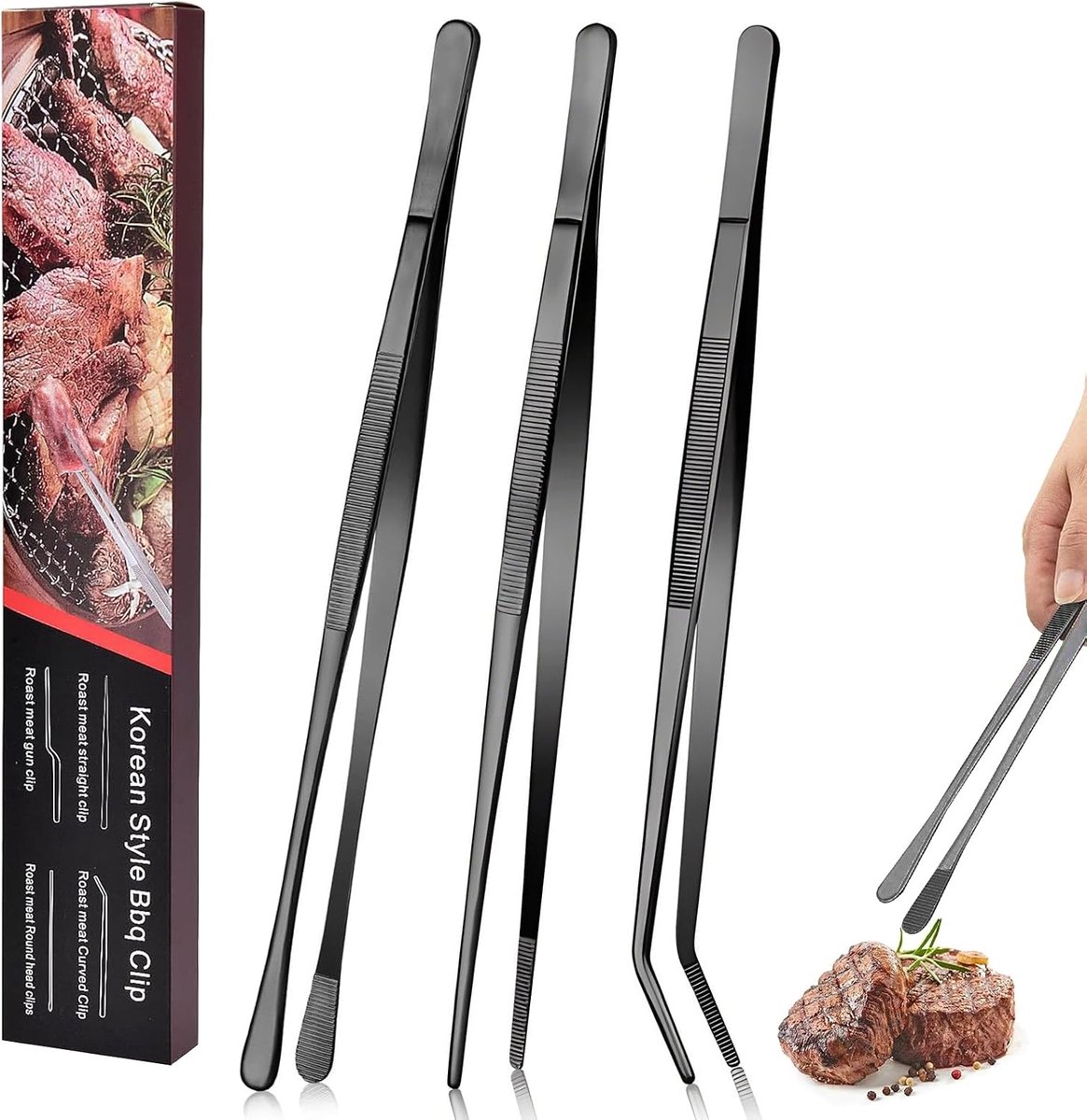 SnelShoppen - 3 RVS Keuken Tangen, 10" Barbecue Tangen met Precisie Tanden voor Keuken, Zeevruchten en BBQ, Keuken Gereedschap (Zwart)