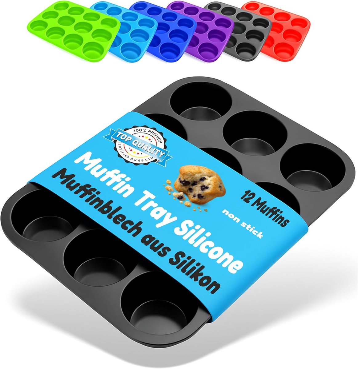 SnelShoppen - Muffin Bakvorm Silicone 12 Cavities, Antiaanbaklaag, Cupcake, Brownies, Muffins, Zwart, Perfect voor Feestjes en Bakplezier in Keuken