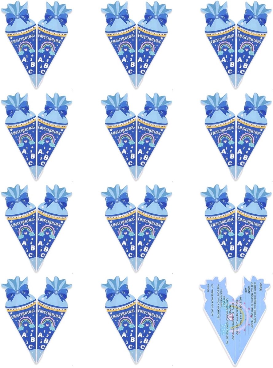 SnelShoppen - Uitnodigingskaarten voor School, jongens, blauw, 12 stuks, opvouwbaar, eenvoudig te vullen, perfect voor de eerste schooldag, feest, kin