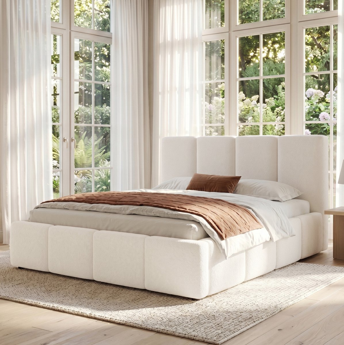 WUVRIE Gestoffeerd tweepersoonsbed 180x200 cm met lattenbodem en gewatteerd hoofdbord, beige bouclé