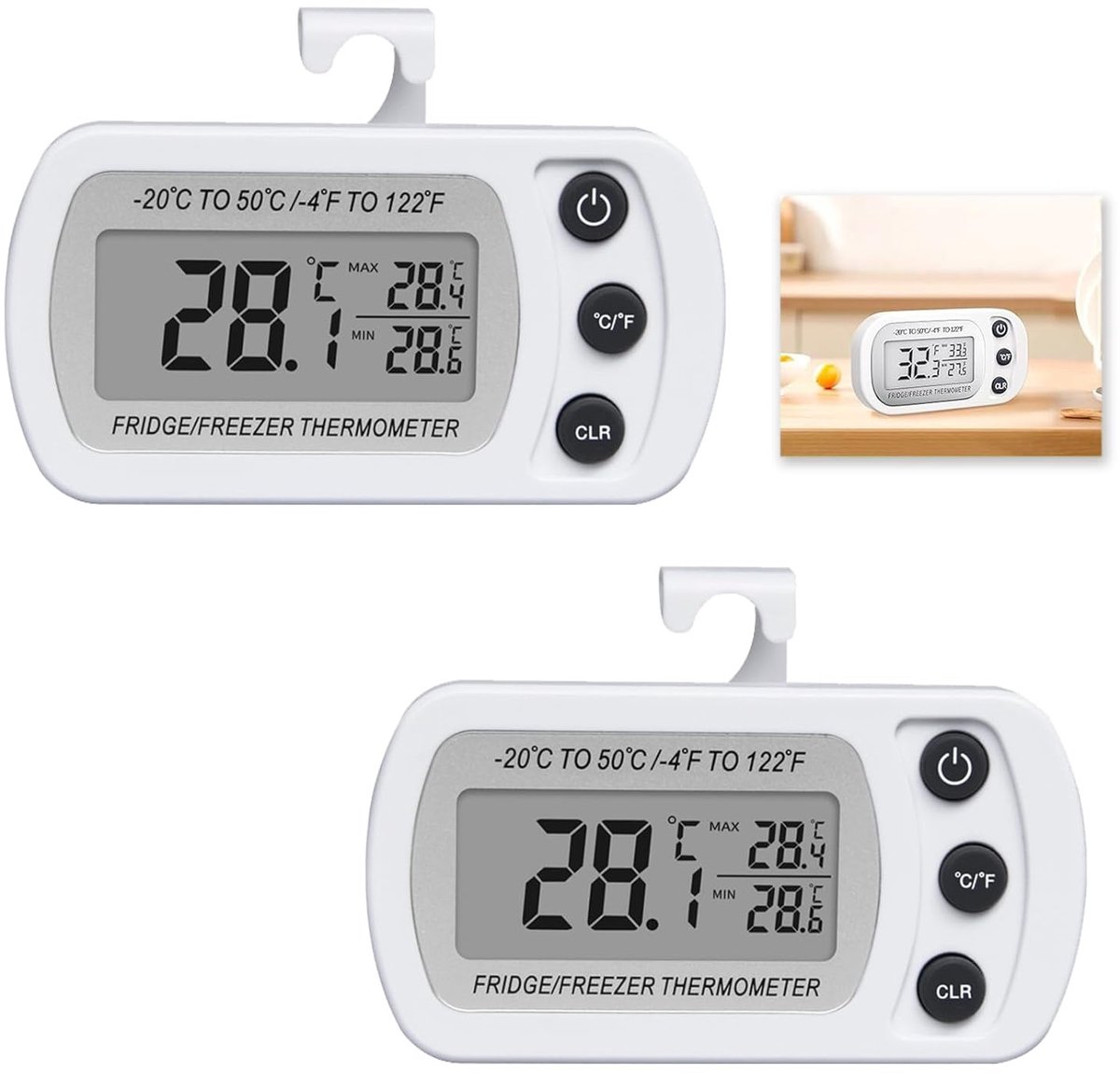 SnelShoppen - 2 Stuks Digitale Koelkast Thermometer, Mini Temperatuurmeter voor Koelkast en Vriezer met Groot LCD Scherm, Temperatuur Monitor van -20°