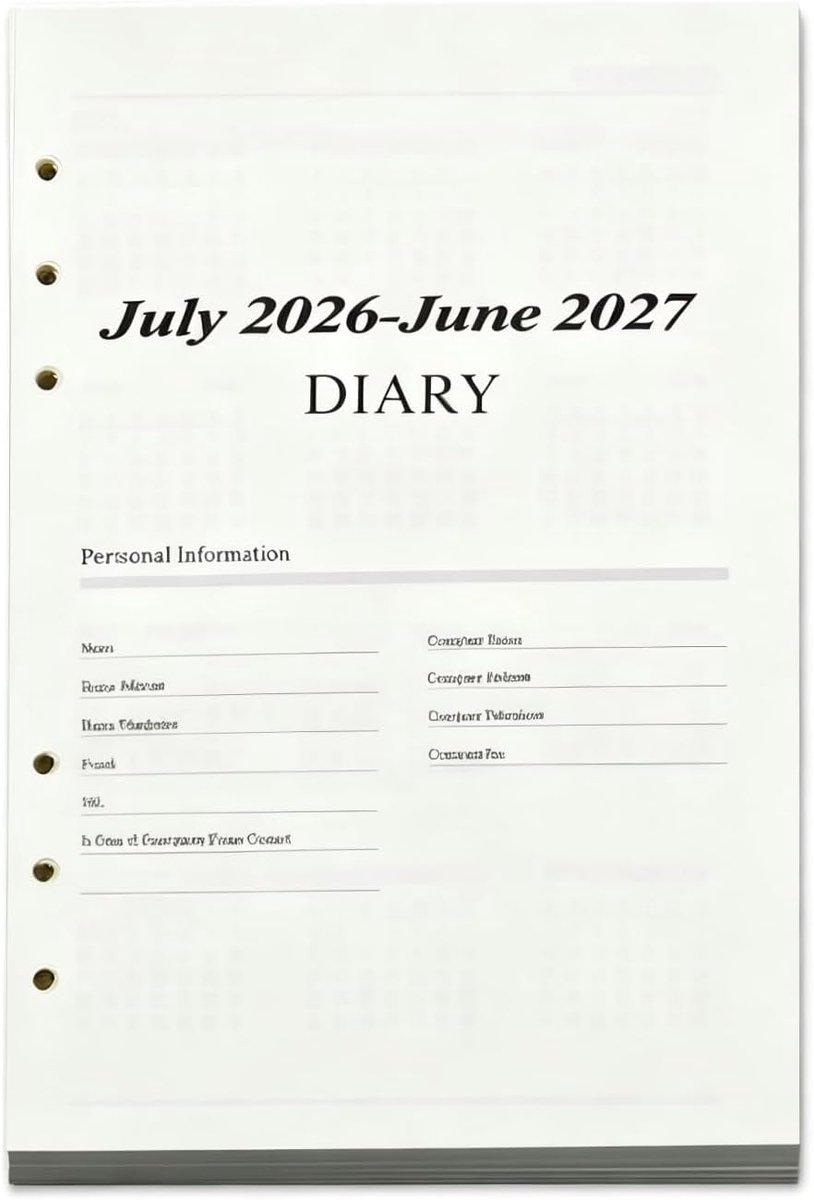 SnelShoppen - Kalenderinzetstukken A5, Navulbare Plannerpagina's, 6 Gaten, Dagplanner van Juli 2026 tot Juni 2027, Beige Weekplanner Inlegstuk voor Pl