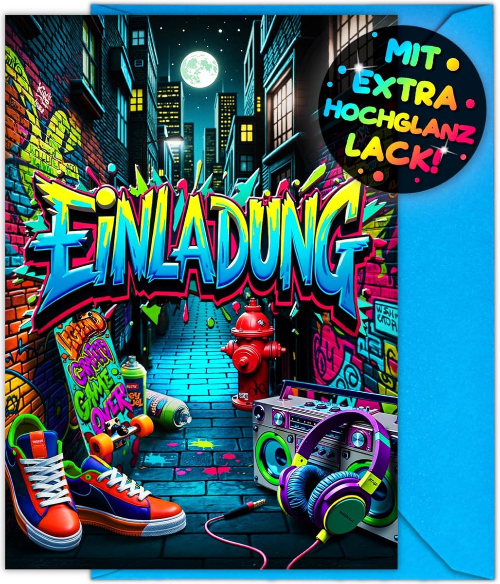 SnelShoppen - 12 x Graffiti Uitnodigingskaarten voor Kinderfeestjes + 12 Enveloppen - Kleurige Straatfeest Kaarten voor Jongens en Meisjes - Perfect v