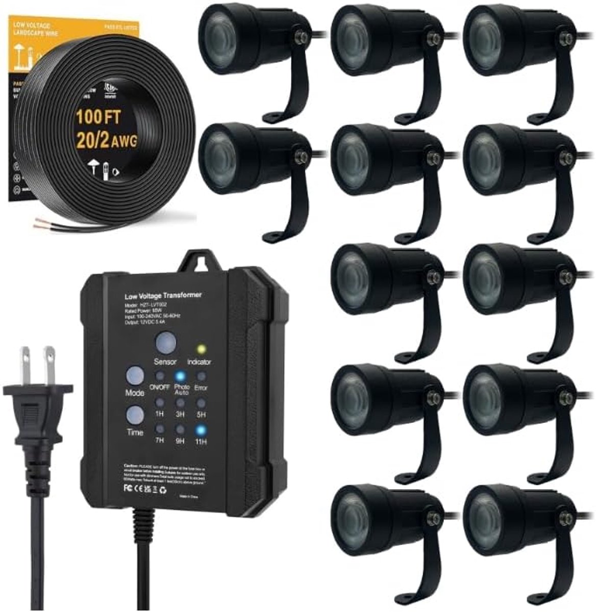 SnelShoppen - 12-delige Tuin Verlichting Set met 65W Transformator, 30m Kabel, 12 Connectoren, Waterdichte LED Spotlights met Fotocel Sensor voor Buit