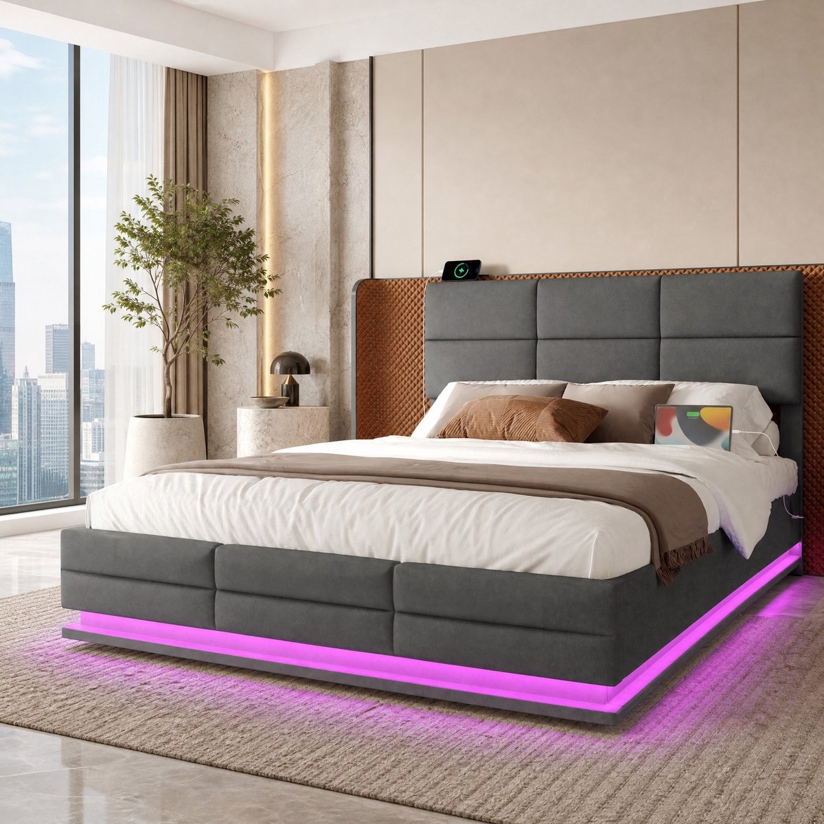 WUVRIE Bedframe 140x200 cm met velours bekleding, LED, USB/Type-C, hydraulische opbergruimte, donkergrijs