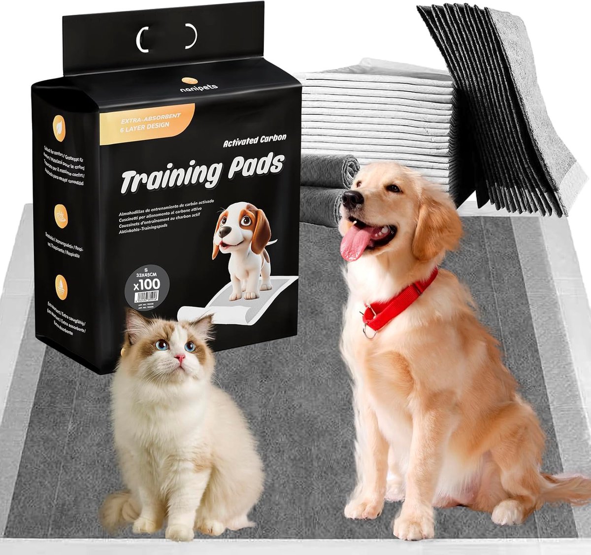 SnelShoppen - Puppy Pads Actieve Kool Trainingspads voor Honden, Superabsorberend, Lekvrij, Dikkere Potjespads 33 x 45 CM, 100 Stuks, Ideaal voor Zind