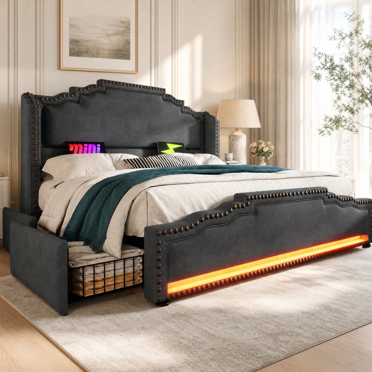 WUVRIE Tweepersoonsbed 140x200 cm met 4 lades, LED-verlichting en USB-C, grijs
