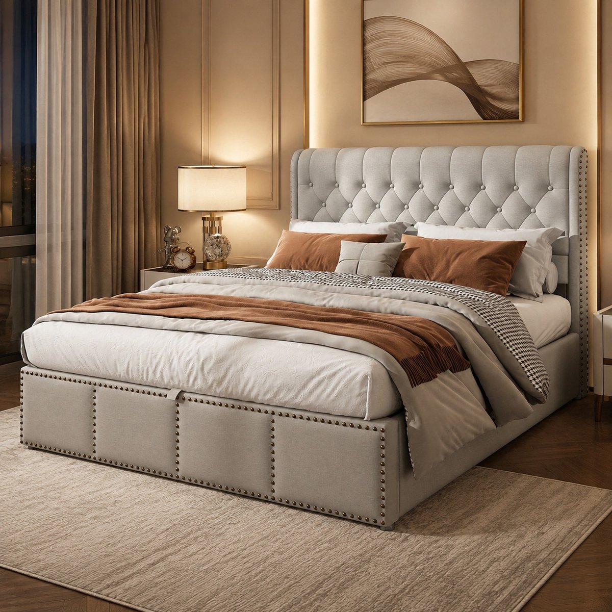 WUVRIE Opbergbed 140x200 cm met hydraulische lift, lattenbodem en stoffen bekleding, grijs