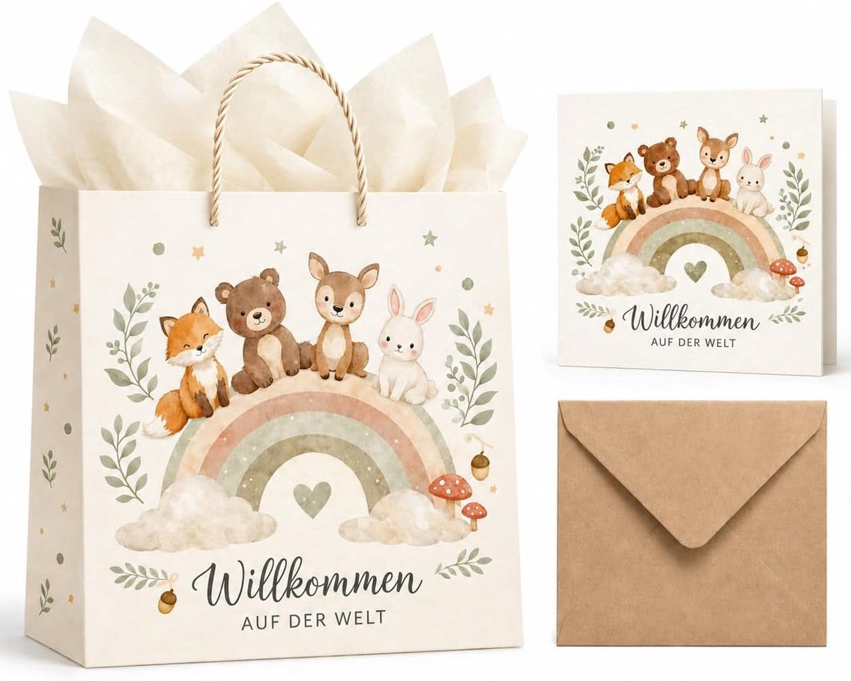 SnelShoppen - Cadeauzakje Baby voor Geboorte met Wenskaart, Envelop en Zijdepapier, Regenboog Bosdieren, 26x22x10 cm, Voor Jongens en Meisjes, Perfect