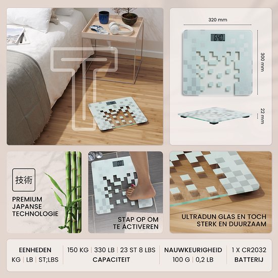 Collage van productafbeeldingen: digitale weegschaal met pixelpatroon in slaapkamer en badkamer, afbeelding van bamboe, technische specificaties, capaciteit en afmetingen (320mm x 300mm x 22mm).