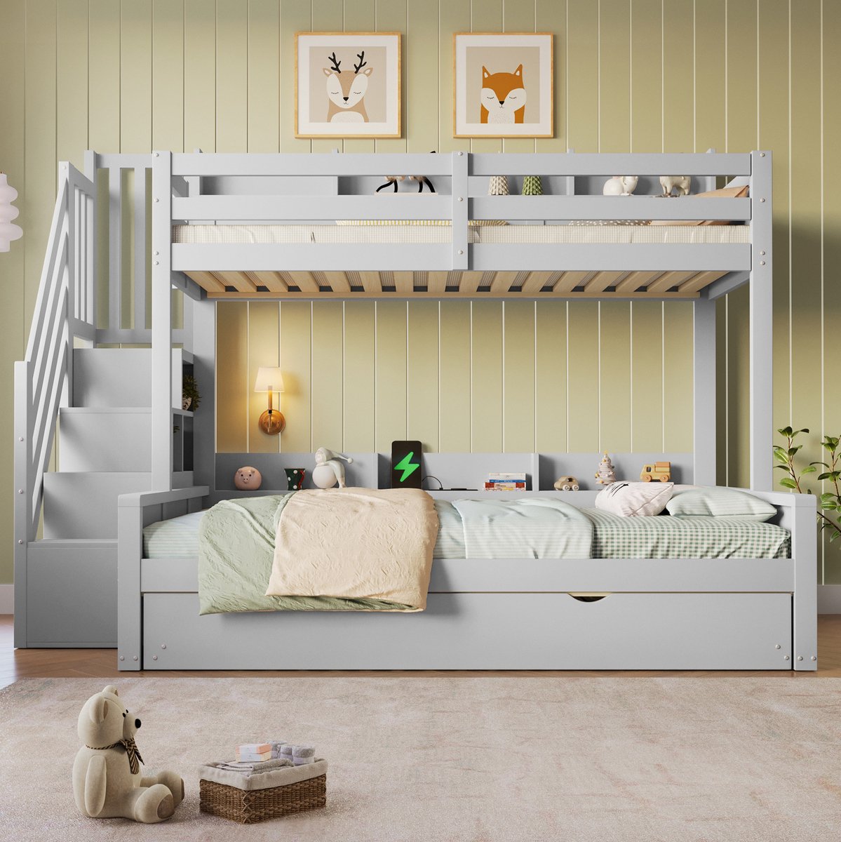 DESMIU Stapelbed 90x200 cm en 140x200 cm – Uitschuifbed met USB-Aansluiting – Opbergruimte in Trap – Voor Kinderen – Hout – Grijs – Zonder Matras