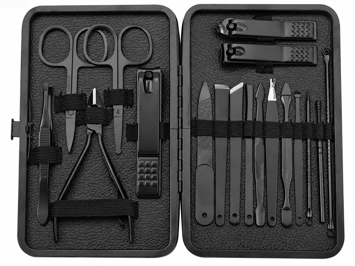 18-Delige Manicure & Pedicure Set – Complete Nagelverzorgingsset met Nagelknippers, Schaar, Vijl, Pincet & Nagelriemtools – Luxe Opbergetui – Zwart
