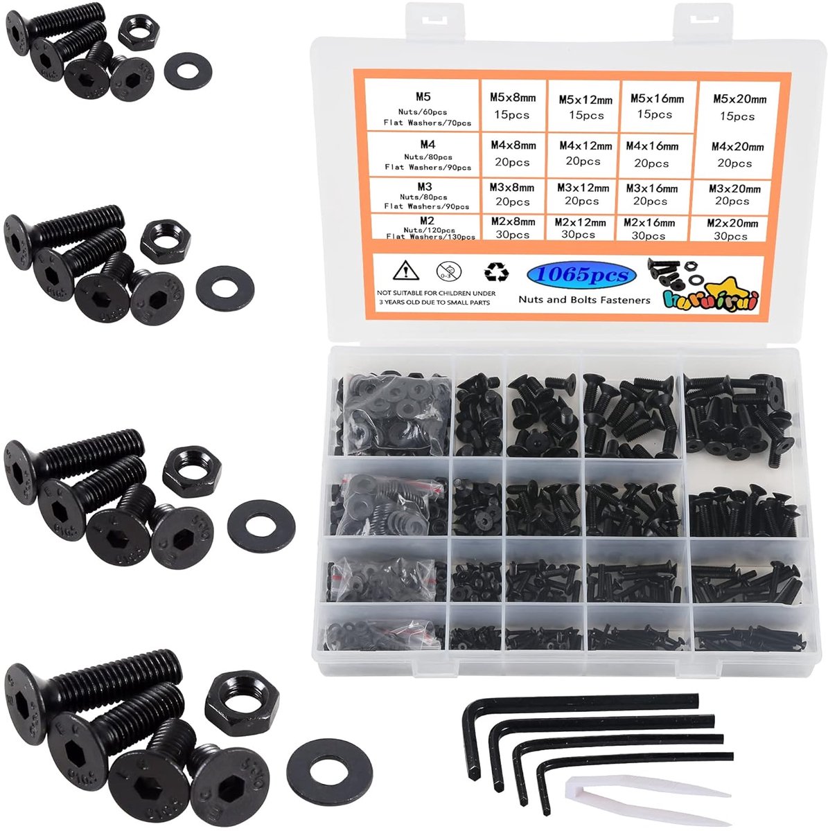 M3 M4 M5 moeren en schroeven sluitringen gesorteerde set, 1065 stuks zwarte lenskopschroeven inbusschroeven set, schroefdraadmachine zeskantschroeven sluitkit
