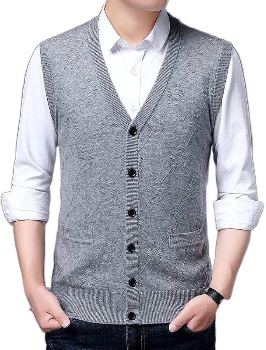 Argyle V-Hals Gebreid Vestvest, Herfst En Winter Klassiek Vest Trend Casual Heren Kasjmier Gemengd Vest, Zakelijk Heren Gebreide Trui Vest Tanktops, Lichtgrijs, S