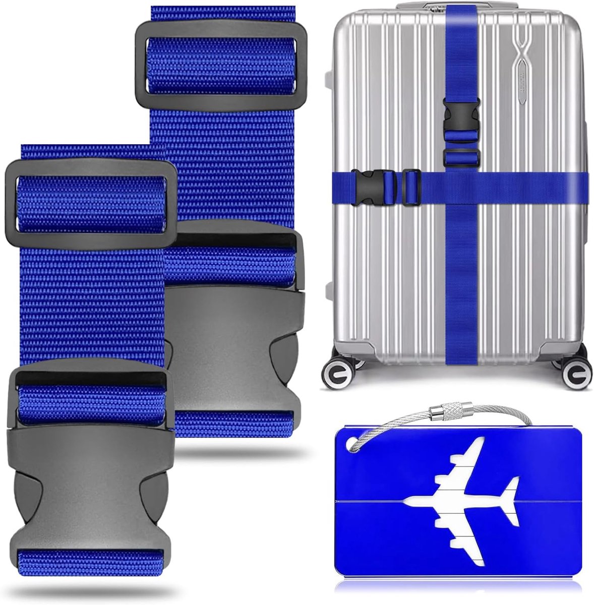 Set van 2 verstelbare bagagebanden met 1 bagagelabel voor snelle identificatie, blauw, polyester, compatibel met auto, bestelwagen, vrachtwagen