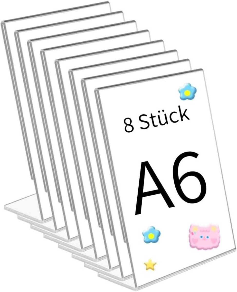8 stuks acryl bordhouder, A6 reclamestand/L-standaard, display schuine acrylbordhouder A6, ideaal voor cafés, restaurants, promoties, tentoonstellingen, kantoren, kristalhelder acryl